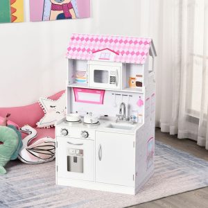 Vente flash ❤️ HOMCOM Cuisine Bois Jeu D’imitation – Maison De Poupée Cuisine Enfant 2 En 1 – Nombreux Accessoires & Rangements Inclus – MDF Pin Rose Blanc ⭐ 7