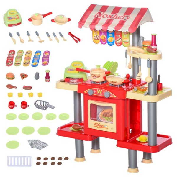 Coupon 😉 HOMCOM Cuisine Pour Enfant Jeu D’imitation De La Marchande 2 En 1 – 50 Accessoires Inclus Effets Sonores Rouge 🥰 1