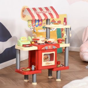 Coupon 😉 HOMCOM Cuisine Pour Enfant Jeu D’imitation De La Marchande 2 En 1 – 50 Accessoires Inclus Effets Sonores Rouge 🥰 7