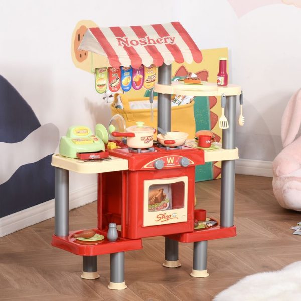 Coupon 😉 HOMCOM Cuisine Pour Enfant Jeu D’imitation De La Marchande 2 En 1 – 50 Accessoires Inclus Effets Sonores Rouge 🥰 3