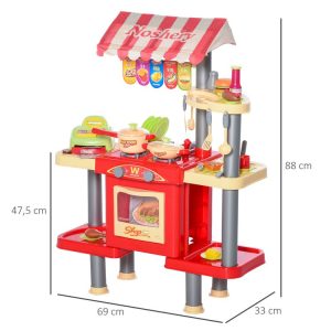 Coupon 😉 HOMCOM Cuisine Pour Enfant Jeu D’imitation De La Marchande 2 En 1 – 50 Accessoires Inclus Effets Sonores Rouge 🥰 9