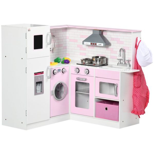 Offres 🎉 HOMCOM Cuisine Bois Jeu D’imitation – Cuisine Enfant D’angle – Effets Sonores, Lumineux – Nombreux Accessoires & Rangements Inclus – MDF Rose Blanc 🌟 1