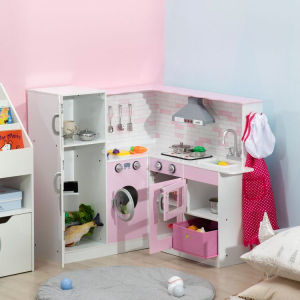 Offres 🎉 HOMCOM Cuisine Bois Jeu D’imitation – Cuisine Enfant D’angle – Effets Sonores, Lumineux – Nombreux Accessoires & Rangements Inclus – MDF Rose Blanc 🌟 3