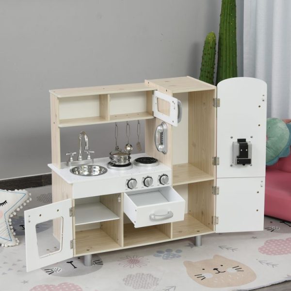 Tout neuf 👏 HOMCOM Cuisine Bois Jeu D’imitation – Cuisine Enfant – Nombreux Accessoires & Rangements Inclus – MDF Pin Blanc Chêne Clair ✨ 3