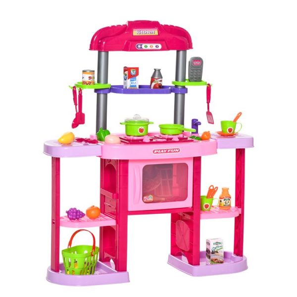 Bon marché 🔥 HOMCOM Cuisine Pour Enfant – Dinette – Jeu D’imitation Complet 51 Accessoires Variés – Fonctions Sonores Et Lumineuses – PP ABS Rose ❤️ 1