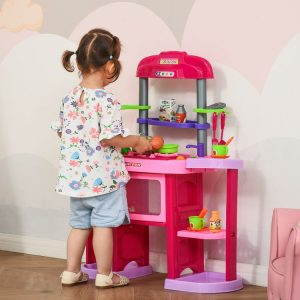 Bon marché 🔥 HOMCOM Cuisine Pour Enfant – Dinette – Jeu D’imitation Complet 51 Accessoires Variés – Fonctions Sonores Et Lumineuses – PP ABS Rose ❤️ 7