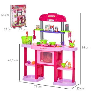 Bon marché 🔥 HOMCOM Cuisine Pour Enfant – Dinette – Jeu D’imitation Complet 51 Accessoires Variés – Fonctions Sonores Et Lumineuses – PP ABS Rose ❤️ 9