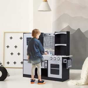 Vente flash 😉 HOMCOM Cuisine Pour Enfants En Bois Jeu Jouet D’imitation Grand Réalisme Multi-équipement 105L X 32l X 95H Cm Argent Noir 🥰 7