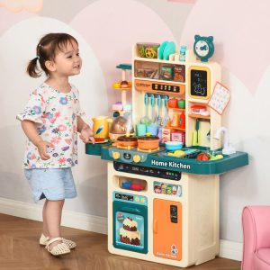 Meilleure affaire 🎁 HOMCOM Cuisine Pour Enfant – Dinette – Jeu D’imitation Complet 113 Accessoires Variés – Fonctions Sonores Et Lumineuses – PP ABS Beige Turquoise ✨ 7