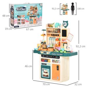 Meilleure affaire 🎁 HOMCOM Cuisine Pour Enfant – Dinette – Jeu D’imitation Complet 113 Accessoires Variés – Fonctions Sonores Et Lumineuses – PP ABS Beige Turquoise ✨ 9