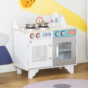 Promo 😍 HOMCOM Ensemble De Cuisine Enfant Jeu D’imitation Cuisine Avec Accessoires Et Rangements MDF Blanc 🌟 7