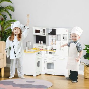 Meilleure affaire 👍 HOMCOM Cuisine Pour Enfant Jeu D’imitation Nombreux Accessoires Rangements évier Réfrigérateur Téléphone Blanc 😍 7