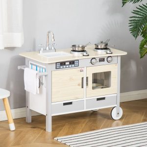 Vente flash ⭐ HOMCOM Cuisine Desserte Pour Enfant 2 En 1 Multi-équipement Avec 5 Accessoires Acier Inox. MDF Aspect Bois Clair Gris 🤩 7