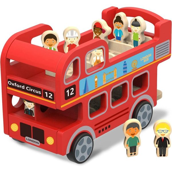 De gros ⌛ Jouet En Bois En Forme De Bus Londonien – Bus Rouge à Deux étages Et 8 Figurines 🤩 1