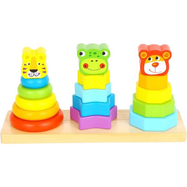 Nouveau 🌟 Jouets En Bois Empilables – Anneaux Empilables Avec Tête De Lion, Chien Et Grenouille – Conçu Pour Le Développement Cognitif Et De Motricité Fine 🎉 1