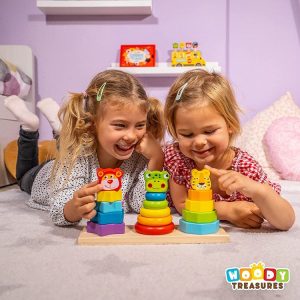 Nouveau 🌟 Jouets En Bois Empilables – Anneaux Empilables Avec Tête De Lion, Chien Et Grenouille – Conçu Pour Le Développement Cognitif Et De Motricité Fine 🎉 7